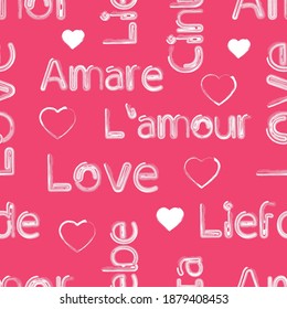 Seamless vector background with decorative hearts and typography. Valentine's day. Strokes texture. Love theme background.