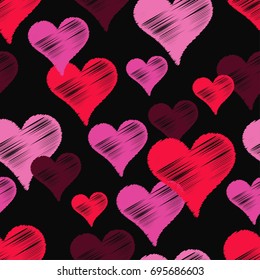 Seamless vector background with decorative hearts. Valentine's day. Strokes texture. Textile rapport.