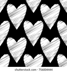 Seamless vector background with decorative hearts. Valentine's day. Scribble texture. Textile rapport.