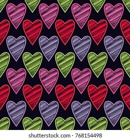 Seamless vector background with decorative hearts. Valentine's day. Embroidery on fabric. Scribble texture. Textile rapport.