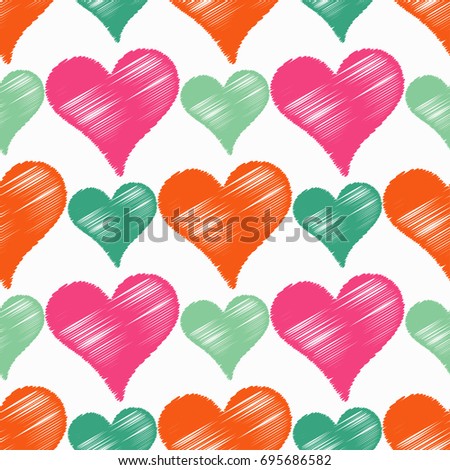 Seamless vector background with decorative hearts. Valentine's day. Strokes texture. Textile rapport.
