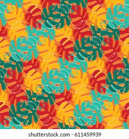 Seamless vector background with decorative leaves. Red, yellow, green. Palm leaves. Print. Cloth design, wallpaper.