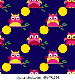 Seamless vector background with decorative owls. Moonlit night. Textile rapport.