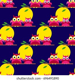 Seamless vector background with decorative owls. Moonlit night. Textile rapport.