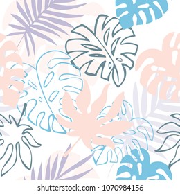 seamless vector background with decorative palm leafs of pink and lilac color