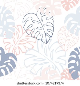 seamless vector background with decorative palm leafs of pink and lilac color