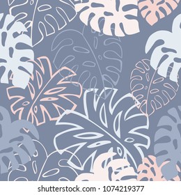 seamless vector background with decorative palm leafs of pink and lilac color