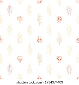 Seamless vector background. Decorative pattern with ladybugs and oak leaves. 