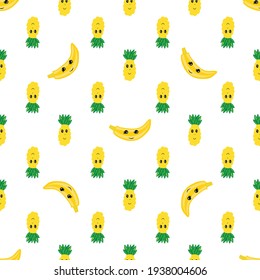 Seamless vector background. Decorative pattern of the banana and pineapple fruits on white. Cute cartoon characters. Web, wallpaper, textile, scrapbook design.