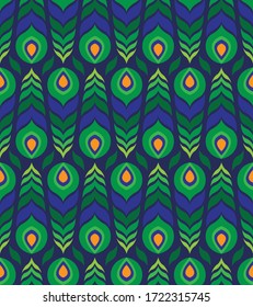 Nahtlose Vektorhintergrund dekorativer Pfauenfedern in tiefblauem, grünem und goldenem Gelb. Elegantes und exotisches Design im Art-Deco-Stil. Geometrische abstrakte Sicht auf den Schwanz heller Vögel.