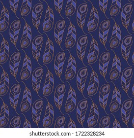 Seamless vector background of decorative peacock feathers in deep blue with golden yellow outline. Elegant and exotic design in art deco style. Bright bird's tail presented in abstract geometric way.