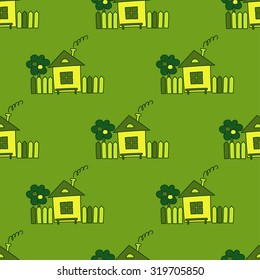 Seamless vector background with decorative rustic cabin