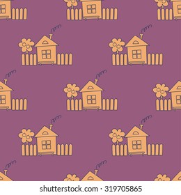 Seamless vector background with decorative rustic cabin