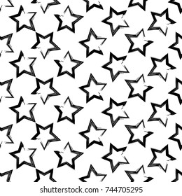 Seamless vector background with decorative stars. Black-and-white brushwork. Scratches texture. Textile rapport.