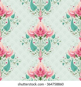 Seamless vector background with delicate ornament and fantasy flowers. All design elements consist of hearts. Wedding or Valentine's Day. 
