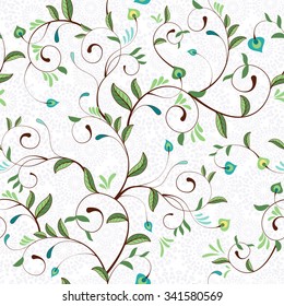 Seamless vector background. Delicate pattern with curly branches and leaves. Elegant absrtact backdrop. 