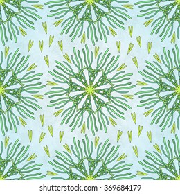 Seamless vector background with delicate symmetrical ornaments and hearts. Hand-drawn pattern. Perfect for greetings, invitations, manufacture wrapping paper, textile, web design.