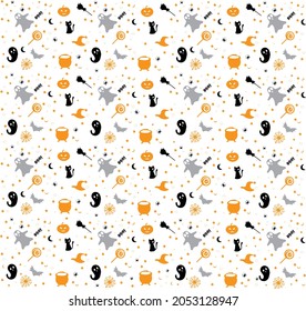 Seamless vector background with design elements: halloween pumpkins, candles, cauldron and moon isolated on white background