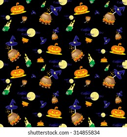 Seamless vector background with design elements: halloween pumpkins, candles, cauldron and moon isolated on black background