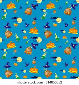 Seamless vector background with design elements: halloween pumpkins, candles, cauldron and moon isolated on blue background