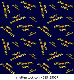 Seamless vector background with design elements: halloween pumpkin and title isolated on dark blue background