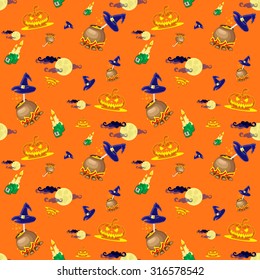 Seamless vector background with design elements: halloween pumpkins, candles, cauldron and moon isolated on orange background