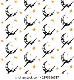 Seamless vector background for design or Halloween. Moon, stars and clouds on a white background.