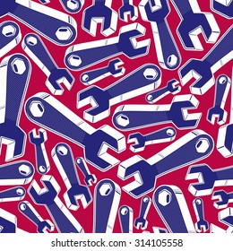 Seamless vector background with detailed 3d wrenches. Work tools, three-dimensional spanners. Repair instruments backdrop, for use in design and as wrapping paper.