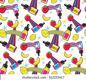 Seamless vector background with different e-liquid and fruits. Great for vape shop, e-cigarette store. E-juice. Wrapping paper pattern.