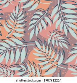 Seamless vector background with different fern leaves on brоwn background. Vector illustration