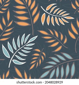 Seamless vector background with different fern leaves on grey background. Vector illustration