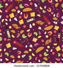 Seamless vector background with different food. Concept for bistro, restaurant menu backdrop. Bright texture. 
