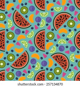 Seamless vector background with different fruits and berries. Great for restaurant menu backdrop, healthy food concept, juice bar illustration. Vegetarian colorful texture. Great summer tile. 