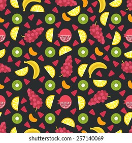 Seamless vector background with different fruits and berries. Great for restaurant menu backdrop, healthy food concept, juice bar illustration. Vegetarian colorful texture. Great summer tile. 