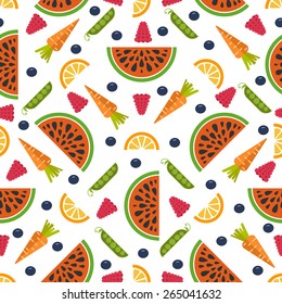 Seamless vector background with different fruits and vegetables. Great for restaurant menu backdrop, healthy food concept, juice bar illustration. Vegetarian colorful texture. Great summer tile.
