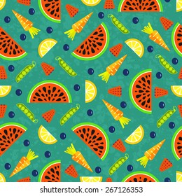 Seamless vector background with different fruits and vegetables. Great for restaurant menu backdrop, healthy food concept, juice bar illustration. Vegetarian colorful texture. Great summer tile. 