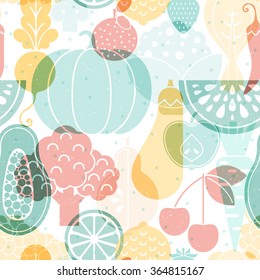 Seamless vector background with different fruits and vegetables. Great for restaurant menu backdrop, healthy food concept, juice bar illustration. Vegetarian colorful texture. Great summer tile.