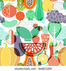 Seamless vector background with different fruits and vegetables. Great for restaurant menu backdrop, healthy food concept, juice bar illustration. Vegetarian colorful texture. Great summer tile.
