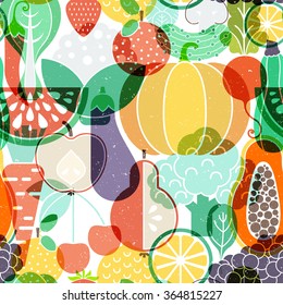 Seamless vector background with different fruits and vegetables. Great for restaurant menu backdrop, healthy food concept, juice bar illustration. Vegetarian colorful texture. Great summer tile.
