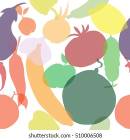 Seamless vector background with different fruits and vegetables. Great for restaurant menu backdrop, healthy food concept, juice bar illustration. Vegetarian colorful texture. Great summer tile.