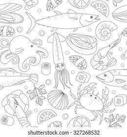 Seamless vector background with different marine animals and fishes. Great for restaurant menu backdrop or to the surface of the site and others.