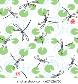 Seamless vector background with dragonflies, water lily leaves and circles on water. Inscription East.