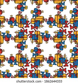 Seamless vector background of drawn colorful gift boxes amd teddy bears