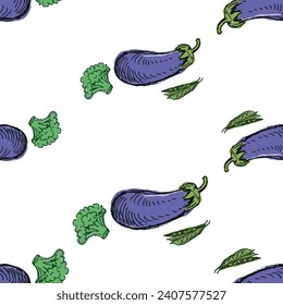 Seamless vector background of drawn ripe vegetables purple eggplant, green pea pod, broccoli inflorescence