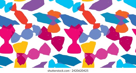 Fondo vectorial sin soldadura de siluetas dibujadas diferentes dulces en envolturas coloridas, fondo para papel, textil