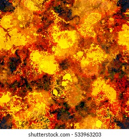 Seamless vector background. The effect of lava, fire, sparks, solar prominences, fire particles, explosion. Watercolor effect. Easy editable vector pattern