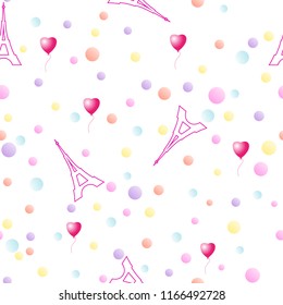 Seamless vector background with Eiffel towers, balloons and confetti.