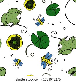Seamless vector background with elements of nature: frogs, flies and pond-lilies