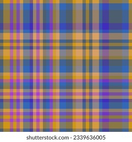 Seamless vector background of fabric textile tartan with a texture plaid check pattern in blue and orange colors.