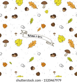 Seamless vector Background with Fall leaves. fruits and Mushrooms.